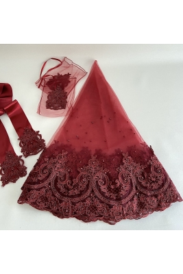 Bordo Sultan Güpürlü Inci Süslemeli Gelin Duvak Kuşak Eldiven Set Kına Gecesi Düğün