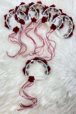 Bordo Süslü Gelin Nedime Kına Gecesi Sünnet Düğün Tefi, Üç Boyut Lazer Çiçek Ve Kurdele Süslü 5 Adet