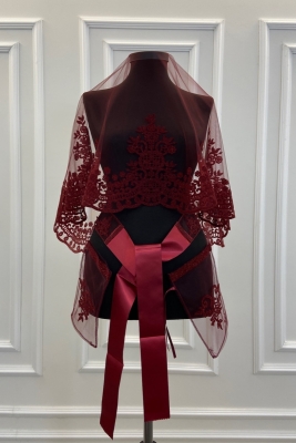 Bordo Taç Desen Flok Baskı Simli Gelin Duvak Kuşak Eldiven Set