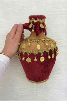 Bordo Testi, Kadife Gold Zilli Ve Pullu Süslü Gelin Kına Gecesi Testisi, Düğün Küpü, Toprak Testi
