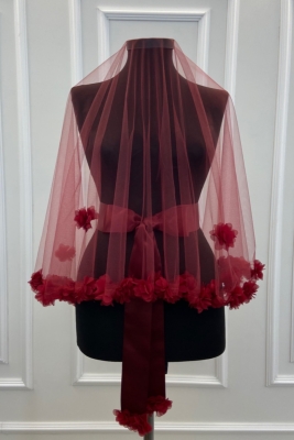 Bordo Üç Boyutlu Gelin Duvağı Seti