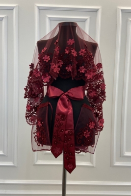 Bordo Üç Boyutlu Lüks Gelin Duvak Seti, Simli Incili Lazer Kesim Çiçek Süslemeli Kına Örtüsü 6 Parça