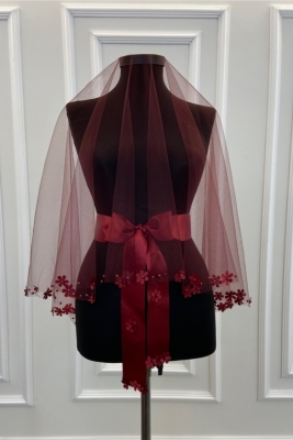 Bordo Uç Çiçek Ve İnci Süslemeli Sade Gelin Duvağı Seti