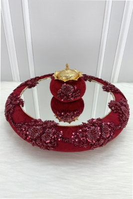 Bordo Vip Aplikli Aynalı Kadife Kına Gecesi Tepsisi Gelin, Nişan Nikah Düğün Söz Sünnet