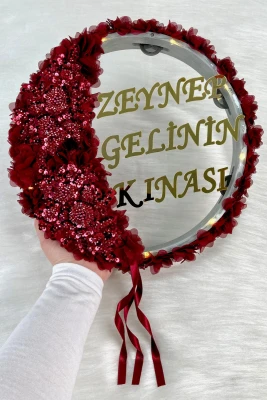 Bordo Vip Aplikli Ve 3D Lazer Çiçek Süslemeli Pleksili Ledli Şeffaf Gelin Tefi 32cm, Düğün Kına Gecesi Nişan Söz Nedime Gelin Damat Kına Gecesi Nedime
