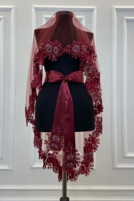 Bordo Vıp Deluxe Gelin Kına Duvağı Seti