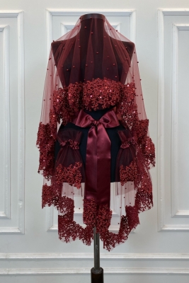 Bordo Vip Gelin Duvak Seti, Papatya Güpürlü Boncuklu Pullu Incili Kına Duvağı Seti 6 Parça