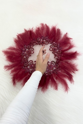 Bordo Vip Gelin Mendili, Boncuk İnci Pul Tüy Detaylı Lüks Aplikli Damat Düğün Kına Sünnet Nişan