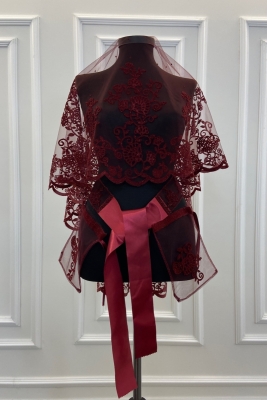 Bordo Yaprak Desenli Flok Baskı Simli Gelin Duvak Kuşak Eldiven Set