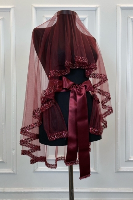 Bordo Zarif Gelin Duvak Seti, Su Taşlı Kına Duvağı Seti 6 Parça, Pul Payet