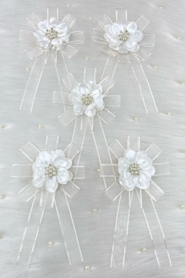 Broşlu Beyaz Bohça Süsü, Gelin Damat Çeyiz Düğün Nişan Konvoy Gelin Arabası Sünnet Kına Süsü 5 Adet