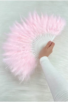 Büyük Boy Bebe Pembe Tüylü Gelin Yelpazesi, Düğün Nikah Kına Nedime Bride Sünnet Hediyelik, 1 Adet 30x50cm