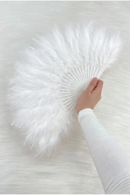Büyük Boy Beyaz Tüylü Gelin Yelpazesi, Düğün Nikah Kına Nedime Bride Sünnet Hediyelik, 1 Adet 30x50cm