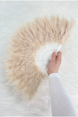Büyük Boy Kapiçino Tüylü Gelin Yelpazesi, Düğün Nikah Kına Nedime Bride Sünnet Hediyelik, 1 Adet 30x50cm