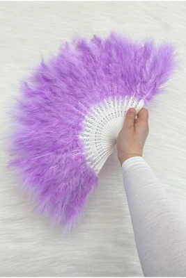 Büyük Boy Lila Tüylü Gelin Yelpazesi, Düğün Nikah Kına Nedime Bride Sünnet Hediyelik, 1 Adet 30x50cm