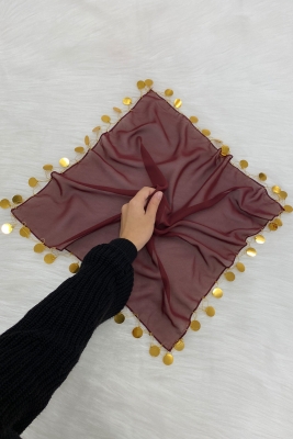 Büyük Boy Şifon Halay Mendili, 50x50cm Bordo Gold 5 Adet, Gelin Damat Düğün Kına Sünnet Nişan Bride