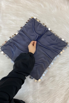 Büyük Boy Şifon Halay Mendili, 50x50cm Lacivert Gümüş 1 Adet, Gelin Damat Düğün Kına Sünnet Nişan