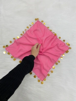 Büyük Boy Şifon Halay Mendili, 50x50cm Pembe Gold 1 Adet, Gelin Damat Düğün Kına Sünnet Nişan Bride