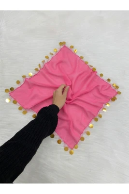 Büyük Boy Şifon Halay Mendili, 50x50cm Pembe Gold 5 Adet, Gelin Damat Düğün Kına Sünnet Nişan Nedime Söz Bride
