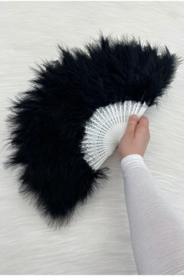 Büyük Boy Siyah Tüylü Gelin Yelpazesi, Düğün Nikah Kına Nedime Bride Sünnet Hediyelik, 1 Adet 30x50cm
