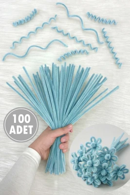 Buz Mavi Şönil 30cm, 100 Adet Tüylü Kadife Tel Peluş, El İşi, Çiçek, Hediye, Süsleme, Okul, Etkinlik