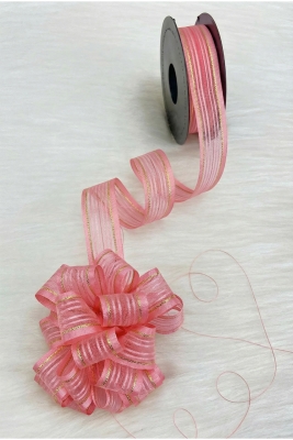 Çekmeli Şifon Kurdele Somon Gold Sim 2,5cm 20mt, Gelin, Bohça, Çeyiz, Nişan, Hediye, Süsleme