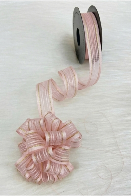 Çekmeli Şifon Kurdele Toz Pembe Gold Sim 2,5cm 20mt, Gelin, Bohça, Çeyiz, Nişan, Hediye, Süsleme