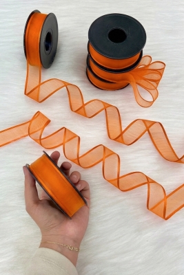 Turuncu Şifon Kurdele 2,5 cm 20 mt, Gelin, Damat, Bohça, Nişan, Çeyiz, Özel Gün, Hediye, Süsleme