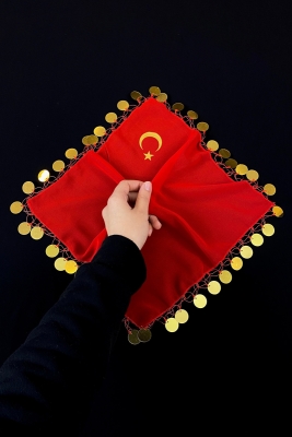 Gelin Damat Ayyıldız Baskılı Şifon Halay Mendili, Düğün Kına Nişan Söz Sünnet, Kırmızı Gold 5 Adet