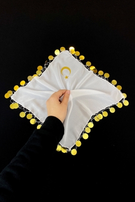 Gelin Damat Ayyıldız Baskılı Şifon Halay Mendili, Düğün Kına Söz Nişan Sünnet, Beyaz Gold 1 Adet