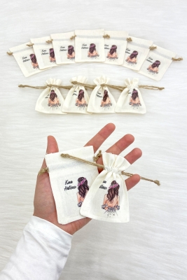 Gelin Figürü Baskılı Dokulu Kese, 10 Adet Ölçü 7x9cm, Hediye Altın Takı Lavanta Söz Nişan Kına Düğün