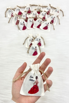 Gelin Figürü Baskılı Dokulu Kese Kınalı, 10 Adet Ölçü 7x9cm, Söz Kına Düğün Nişan Nikah Bride