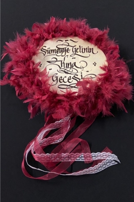 Gelin Tefi 30cm, Tüy Kurdele Kaligrafi Sanatlı, Kına Gecesi Düğün Bride Henna Bekarlığa Veda Defi