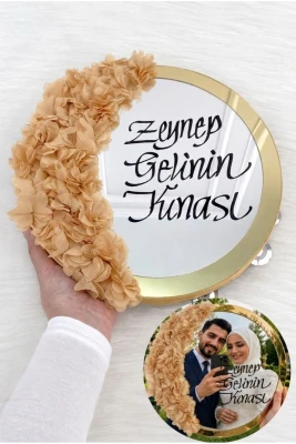 Gold Aynalı Gelin Tefi 30cm, Kaligrafi Yazılı Ve Lazer Çiçek Süslemeli, Düğün Nişan Sünnet Kına Nedime Nikah Söz Bride Parti Tefi