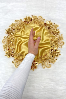 Gold Gelin Damat Mendili, Işıl Işıl Pul Ve Boncuk İşlemeli, Düğün Kına Sünnet Söz Nişan Halay