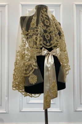 Gold Gelin Duvak Seti, Cam Boncuk ve Pul Baskılı Kına Duvağı Yüz Örtüsü Seti 6 Parça