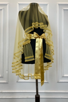 Gold Gelin Duvak Seti, Çift Sıra Cam Boncuk ve İnci İşlemeli, Kına Duvağı Seti 6 Parça