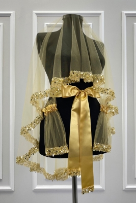 Gold Gelin Duvak Seti, Pullu Boncuklu İncili Su Taşlı Yaprak Desenli Kına Duvağı Seti 6 Parça