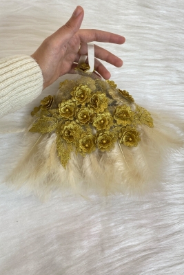 Gold Gelin Mendili, Kat Kat Çiçekli Incili Tüylü, Kına Gecesi Nedime Damat Düğün Sünnet Halay