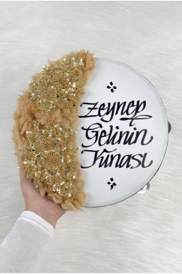 Gold Gelin Tefi 30 Cm, Kaligrafi Ve Vip Aplik Süslemeli, Düğün Sünnet Kına Nedime Nikah Nişan Söz Bride Parti Bekarlığa Veda Partisi Gelin Damat