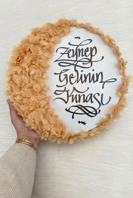 Gold Gelin Tefi 32cm, Kaligrafi Ve 3d Çiçek Süslemeli, Düğün Sünnet Kına Nedime Bride Parti Defi
