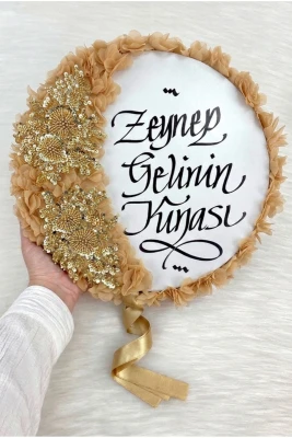Gold Gelin Tefi 32cm, Kaligrafi Ve Vip Aplik Süslemeli, Düğün Sünnet Kına Nedime Nikah Söz Bride Parti Tefi