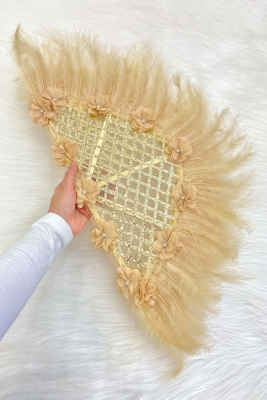 Gold Gelin Yelpazesi, Ahşap Tüylü Dantel Ve 3D Çiçek Süslemeli Kına Yelpazesi, Büyük Boy Yelpaze