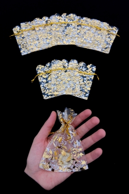 Gold Güllü Kına Çerez Nişan Doğum Mevlüt Hediye Kesesi 100 Adet Ölçü 9cmx12cm