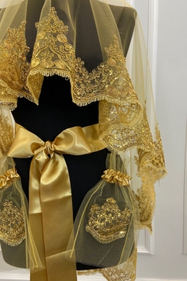 Gold Işıl Işıl Güpürlü Gelin Kına Duvağı Seti Düğün Kına Gecesi Yüz Örtüsü Duvak Kuşak Eldiven