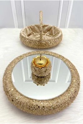 Gold Parlak Taşlı Kına Gecesi Tepsi Sepet Gelin Takımı, Pul Payet Aynalı Kadife, Nikah Düğün Sünnet