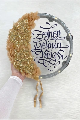Gold Ledli Şeffaf Gelin Tefi 32cm, Işıl Işıl Vip Güpürlü Ve 3d Çiçek Süslemeli, Düğün Sünnet Kına Nedime Bride Parti Defi