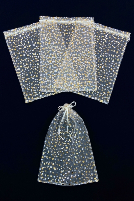 Gold Puantiye Tül Kese, 50 Adet Ölçü 24x34cm, Gelin Havlu Terlik Seccade Bohça Çeyiz Hediye Kesesi