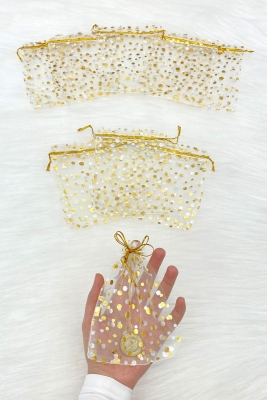 Gold Puantiyeli Kına Çerez Nişan Hediye Kesesi 50 Adet Ölçü 12x15cm, Nikah Düğün Mevlüt Sünnet