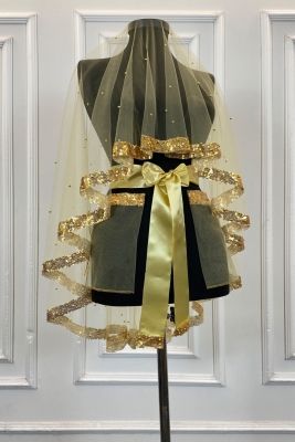 Gold Pul Payet ve İncili Gelin Duvak Seti, Kına Gecesi Duvağı Alı Örtüsü 6 Parça